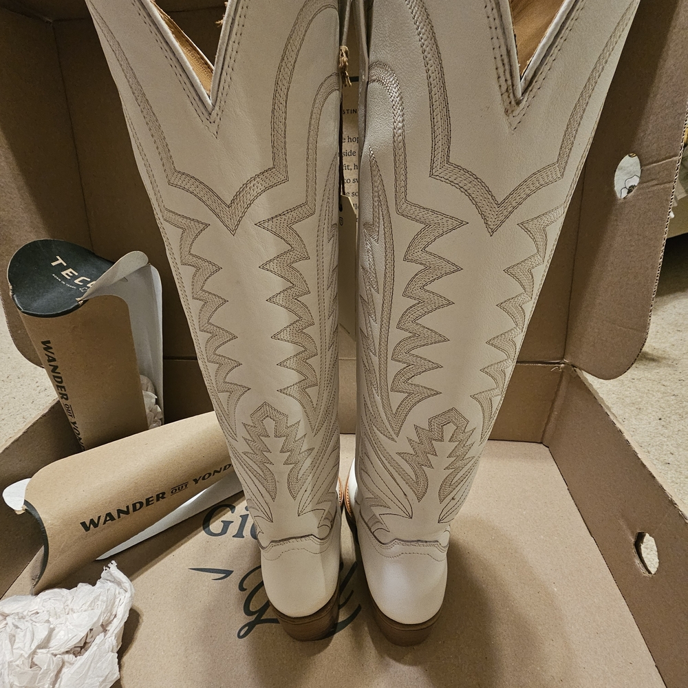 Tecovas White Embroidered Knee-High Leather Cowboy Boots - Picture 4 of 11